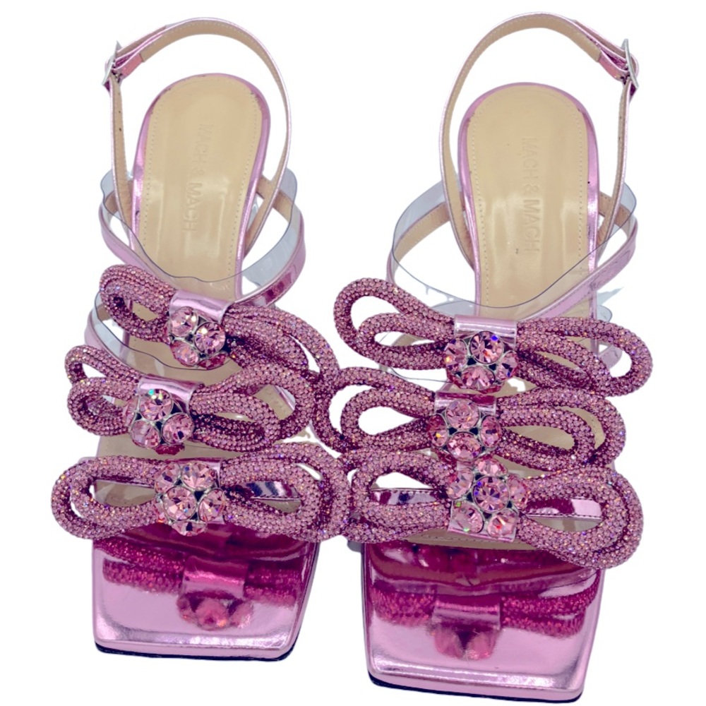NWOB Mach & Mach Pink Metallic Crystal Embellished Triple Bow Heels - Picture 5 of 8